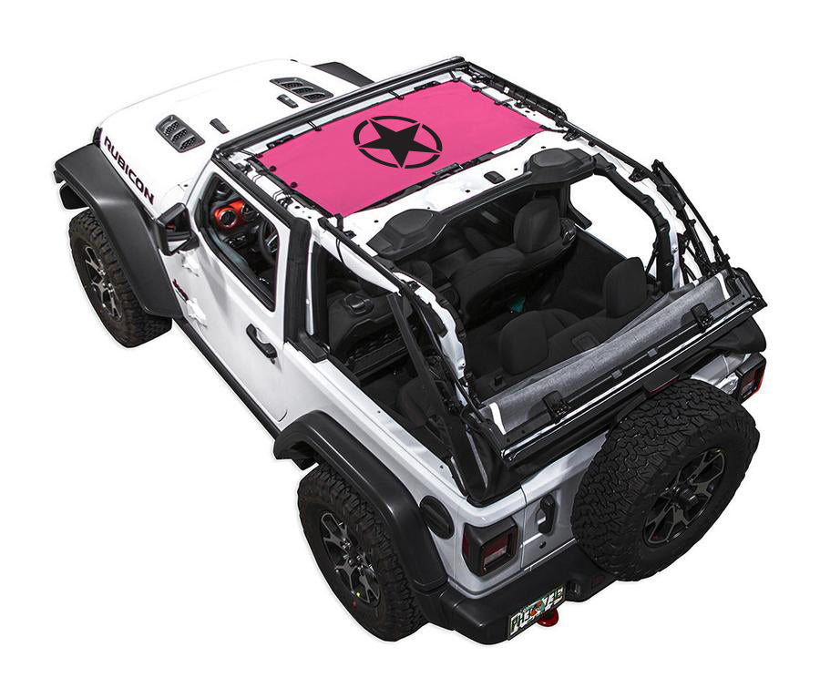 SPIDERWEBSHADE sun shade top for Jeep Wrangler JL 2-Door, pink stock print shade installed on white Jeep