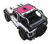 SPIDERWEBSHADE sun shade top for Jeep Wrangler JL 2-Door, pink stock print shade installed on white Jeep