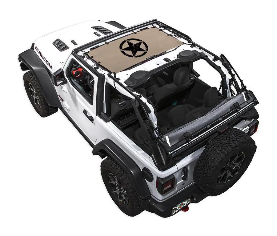 Sun shade top for Jeep Wrangler JL 2-Door by SPIDERWEBSHADE; tan printed shade with spider logo.