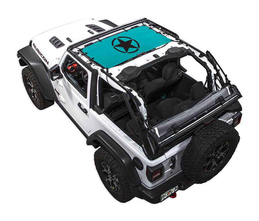 Sun Shade SpiderWebShade for Jeep Wrangler JL 2-Door (2018–2026); turquoise stock print top with black spider emblem