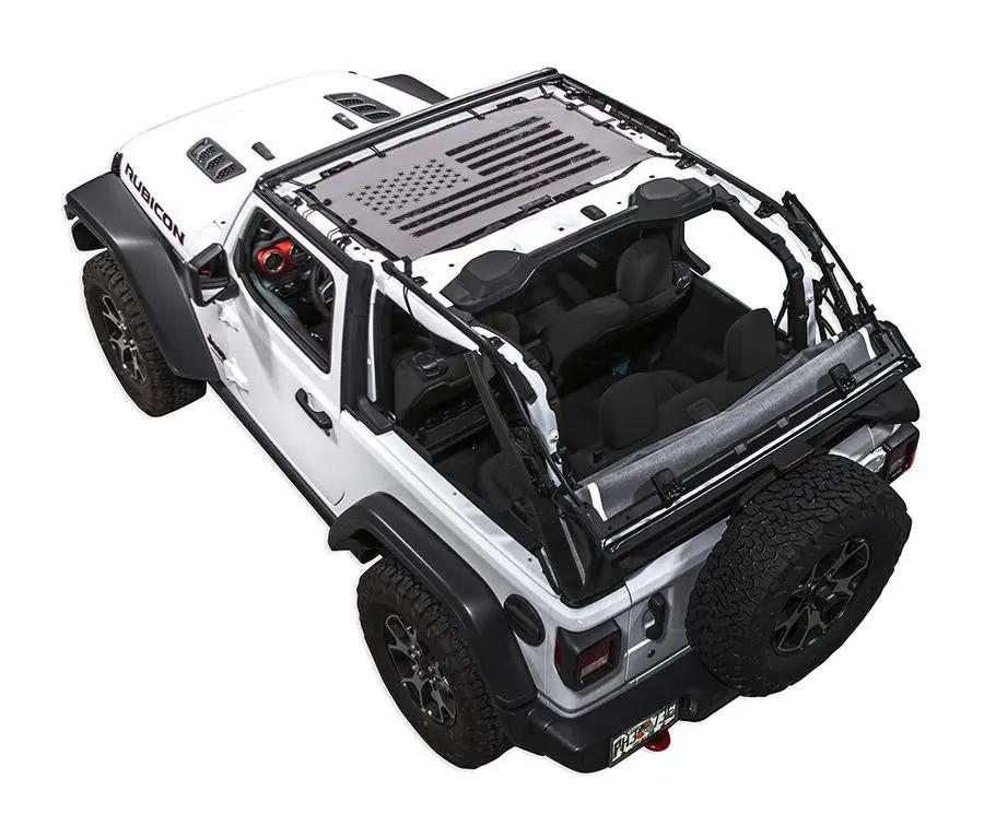 Sun shade top for Jeep Wrangler JL 2-Door by SpiderWebShade, stock-printed US flag design