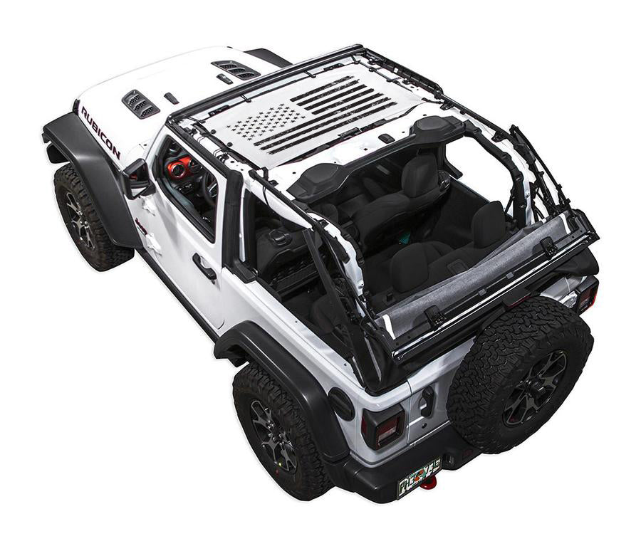 SpiderWebShade sun shade for Jeep Wrangler JL 2-Door, white vehicle with top-mounted shade installed