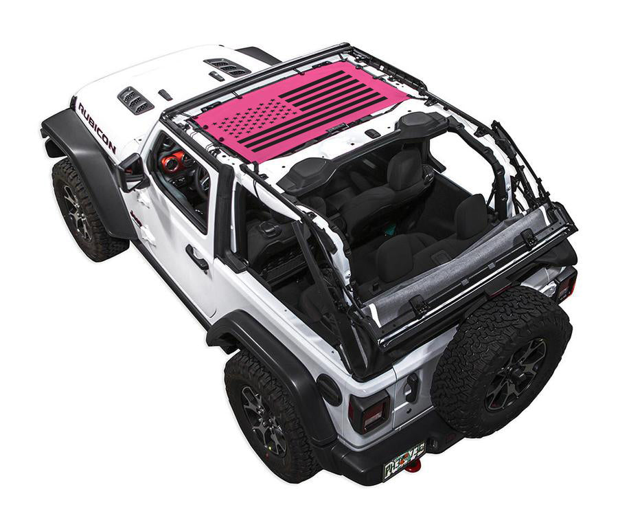 Sun shade for Jeep Wrangler JL 2-Door by SpiderWebShade; pink stock printed shade top with American flag design.