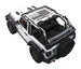 Sun shade top for Jeep Wrangler JL 2-Door by SpiderWebShade; white Jeep with flag-print shade panel across the roof