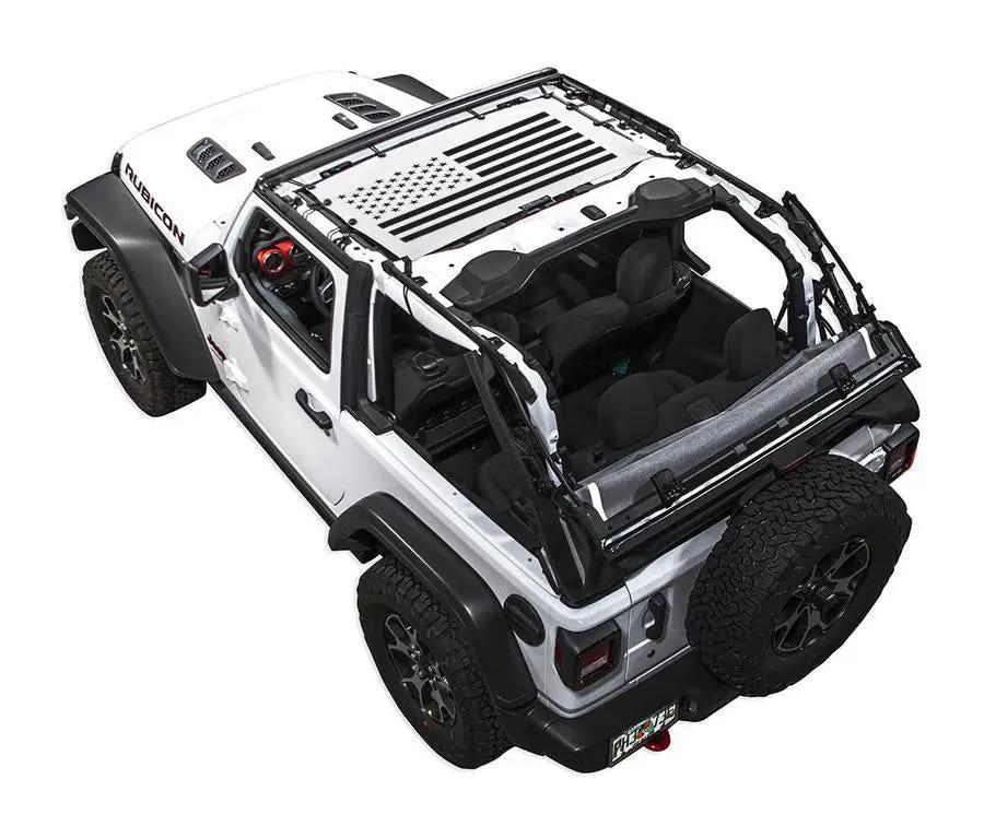 Sun shade top for Jeep Wrangler JL 2-Door by SpiderWebShade; white Jeep with flag-print shade panel across the roof