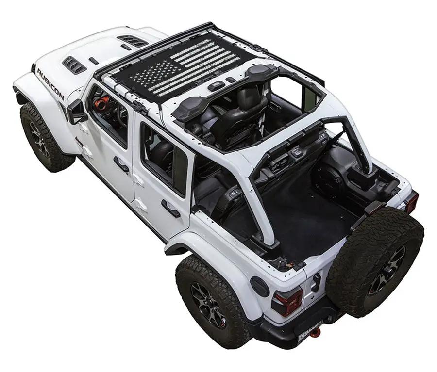 Sun Shade for Jeep Wrangler JLU 4-Door by SpiderWebShade, stock printed shade top (2018–2026)