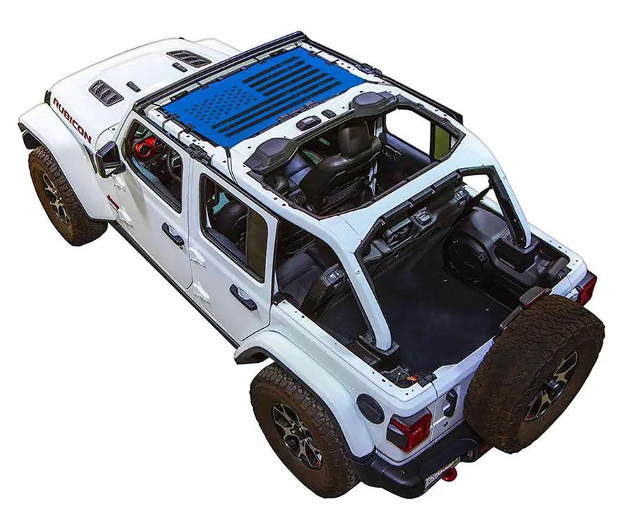 Sun shade top for Jeep Wrangler JLU 4-Door; blue printed shade by SpiderWebShade on white SUV