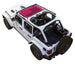Sun shade top for Jeep Wrangler JLU 4-Door by SpiderWebShade; pink stock-printed design on white Wrangler.