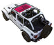 Sun shade top for Jeep Wrangler JLU 4-Door by SpiderWebShade; pink stock-printed design on white Wrangler.
