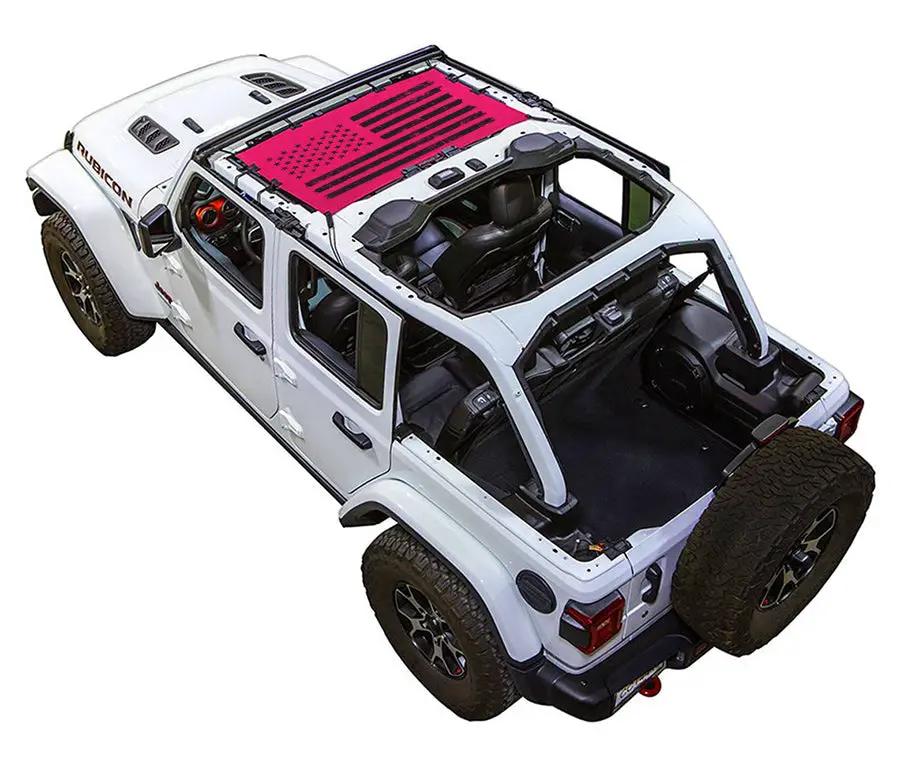 Sun shade top for Jeep Wrangler JLU 4-Door by SpiderWebShade; pink stock-printed design on white Wrangler.