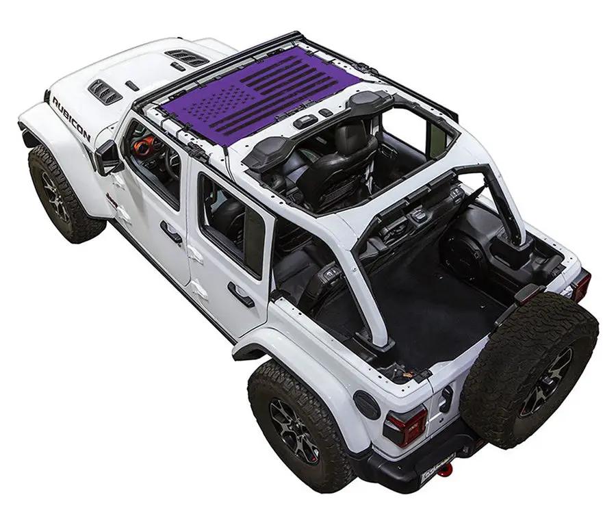 Sun shade top for Jeep Wrangler JLU 4-Door by SpiderWebShade; white Rubicon with stock purple printed shade on roof