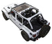 Sun shade for Jeep Wrangler JLU 4-Door; SPIDERWEBSHADE stock printed shade top on white Wrangler with rear spare tire