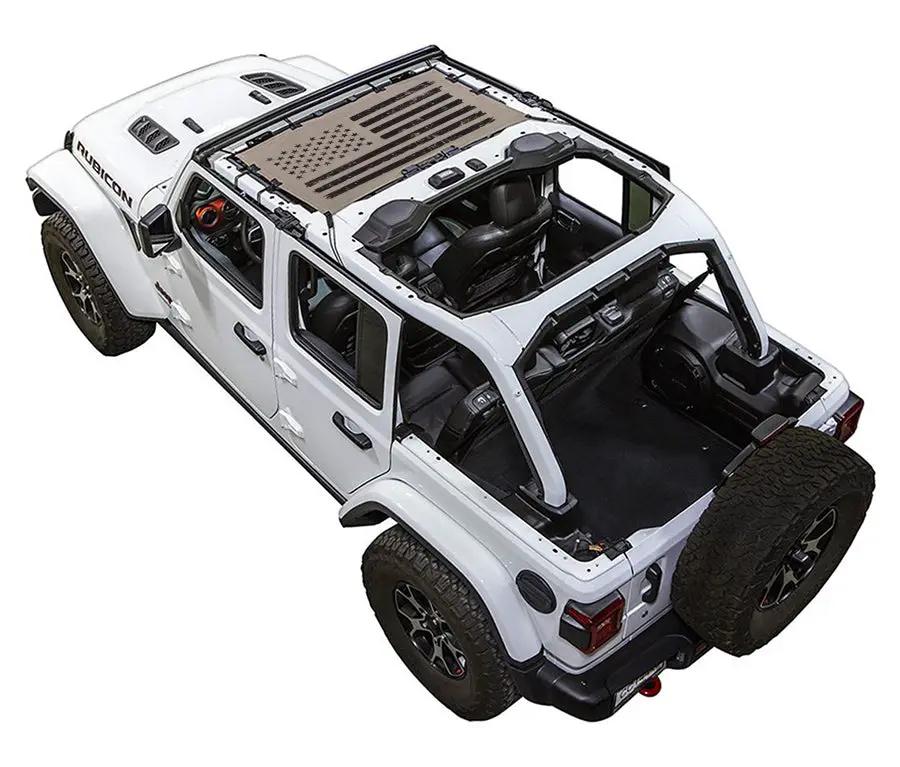 Sun shade for Jeep Wrangler JLU 4-Door; SPIDERWEBSHADE stock printed shade top on white Wrangler with rear spare tire