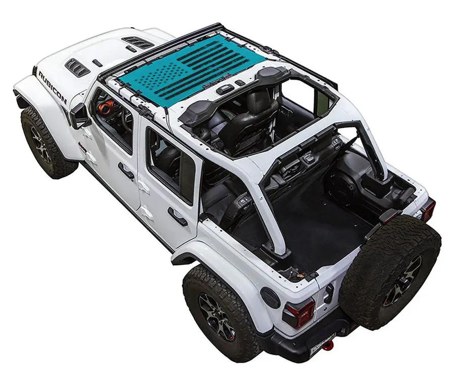 Sun Shade for Jeep Wrangler JLU 4-Door by SpiderWebShade; blue stock-printed roof panel