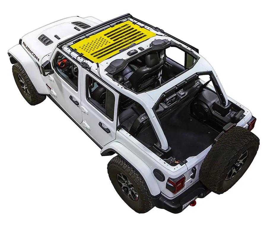 Sun shade for Jeep Wrangler JLU 4-Door by SpiderWebShade; white SUV with yellow stock-printed shade top