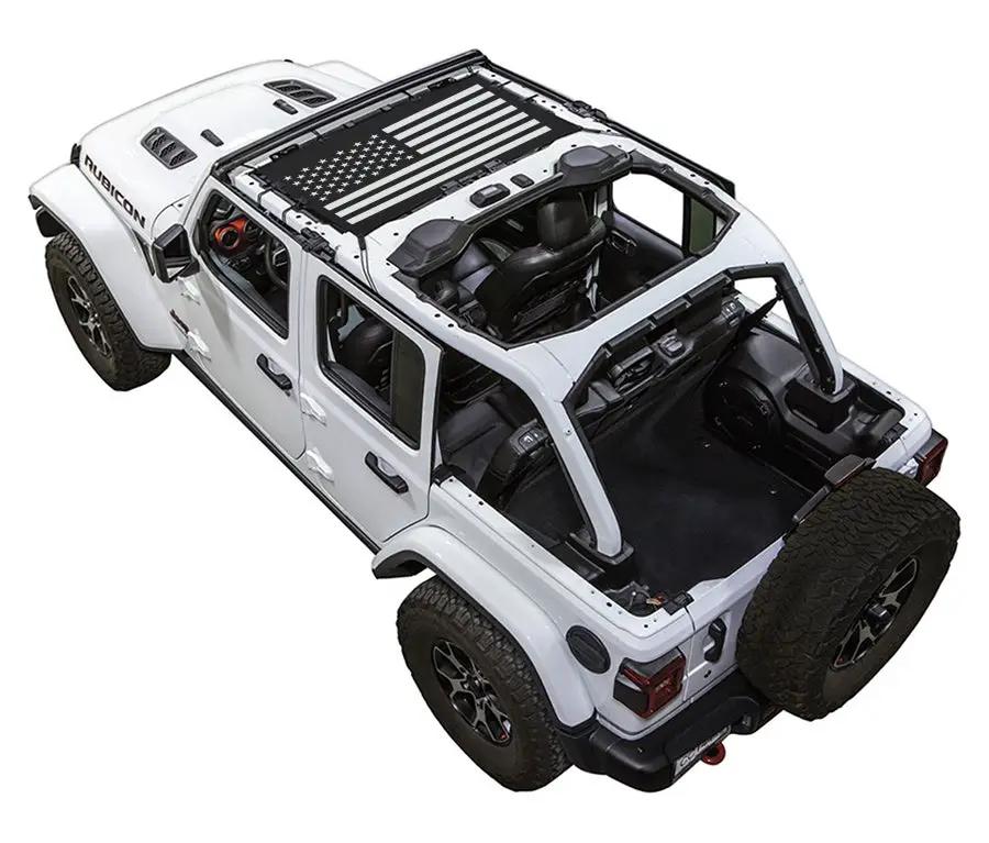 SPIDERWEBSHADE Sun Shade for Jeep Wrangler JLU 4-Door with stock printed US flag graphic