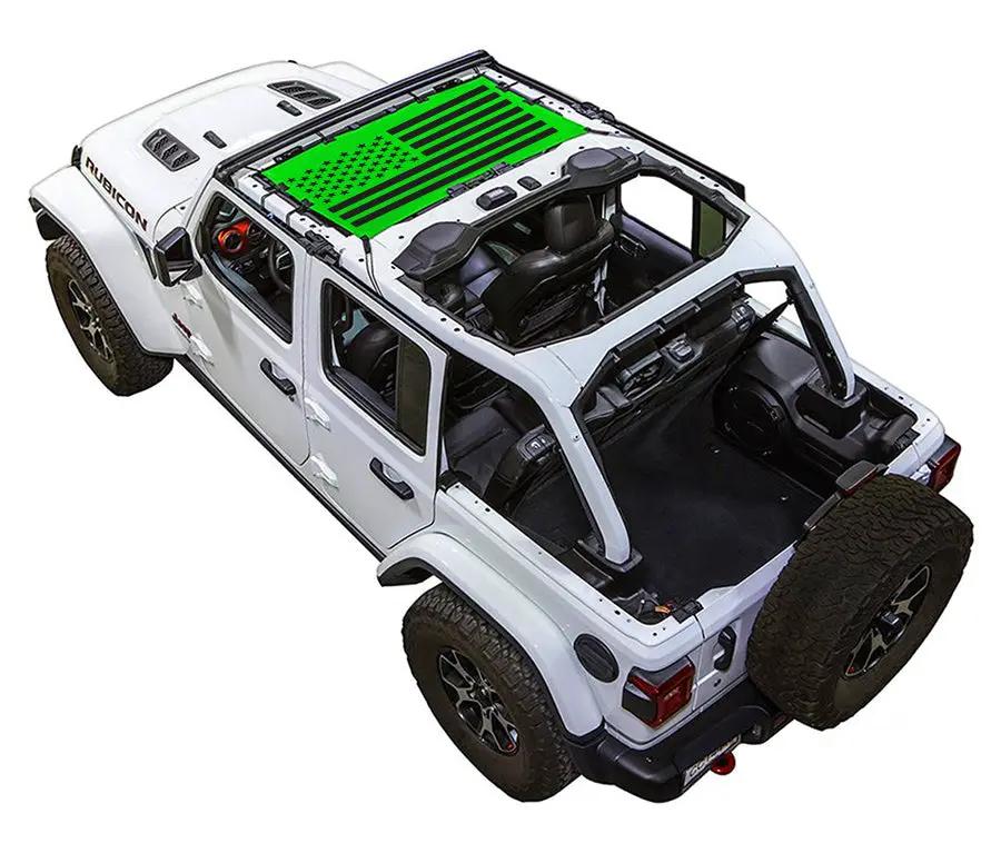Sun shade SPIDERWEBSHADE for Jeep Wrangler JLU 4-Door; white SUV with green printed shade top