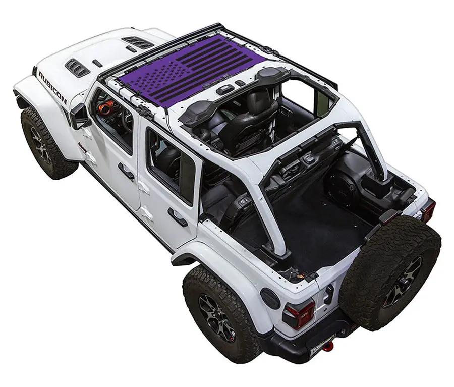 Sun shade top for Jeep Wrangler JLU 4-Door by SpiderWebShade; stock printed shade on white Jeep.