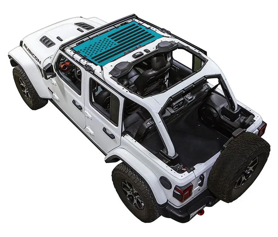 Sun shade for Jeep Wrangler JLU 4-Door by SpiderWebShade; stock printed blue American flag shade top