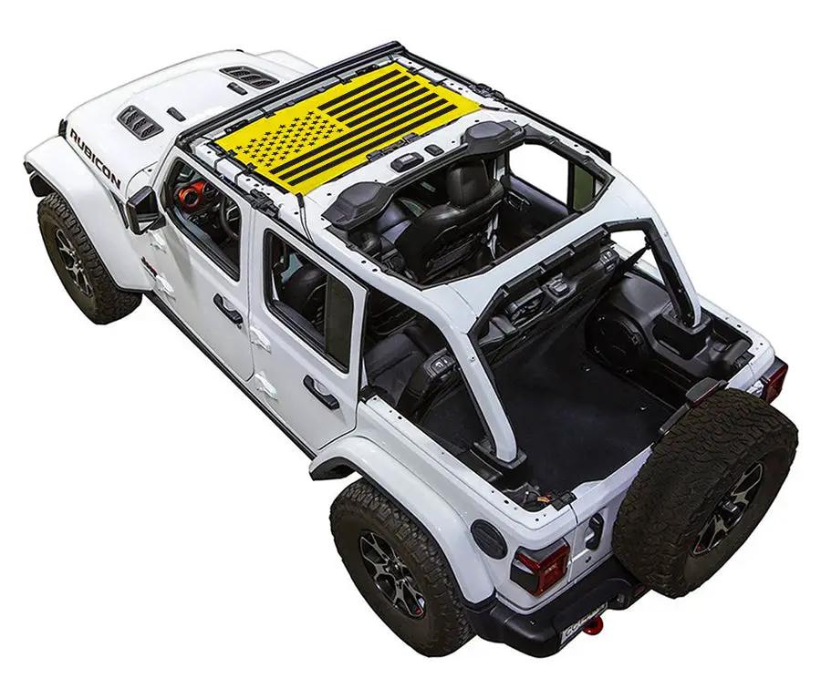 SpiderWebShade sun shade for Jeep Wrangler JLU 4-Door with stock printed yellow flag design.