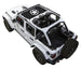 Sun shade top for Jeep Wrangler JLU 4-Door by SPIDERWEBSHADE; white SUV with black printed shade top on roof