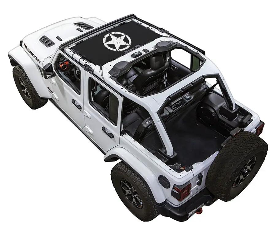 Sun shade top for Jeep Wrangler JLU 4-Door by SPIDERWEBSHADE; white SUV with black printed shade top on roof