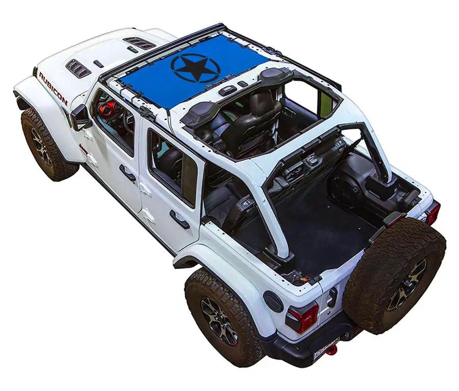 Sun shade for Jeep Wrangler JLU 4-Door by SPIDERWEBSHADE; white Jeep with blue printed shade top