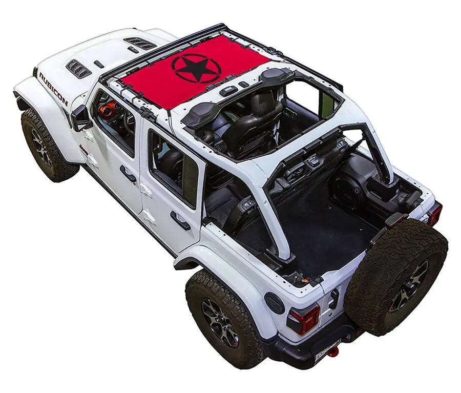 Jeep Wrangler JLU 4-Door sun shade top with red stock-printed panel on white SUV