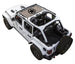 Sun shade top for Jeep Wrangler JLU 4-Door by SPIDERWEBSHADE; tan stock printed shade on white SUV