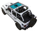 Sun shade top for Jeep Wrangler JLU 4-Door by SpiderWebShade; white SUV with turquoise stock print shade panel on roof.