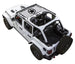 Sun shade top for Jeep Wrangler JLU 4-Door by SpiderWebShade; white Jeep with printed shade top.