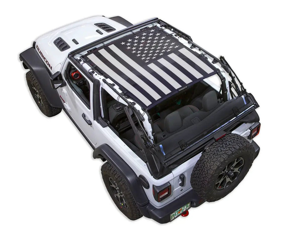 Sun Shade for Jeep Wrangler JL 2-Door by SpiderWebShade with US flag print