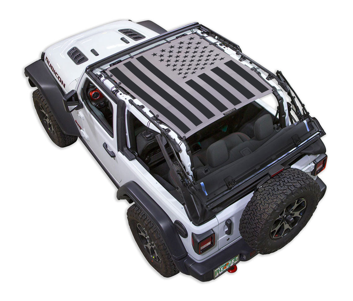 SpiderWebShade Sun Shade for Jeep Wrangler JL 2-Door, black-gray American flag print on white Jeep.