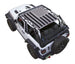 SpiderWebShade Sun Shade for Jeep Wrangler JL 2-Door, black-gray American flag print on white Jeep.