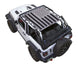 SpiderWebShade Sun Shade for Jeep Wrangler JL 2-Door, black-gray American flag print on white Jeep.