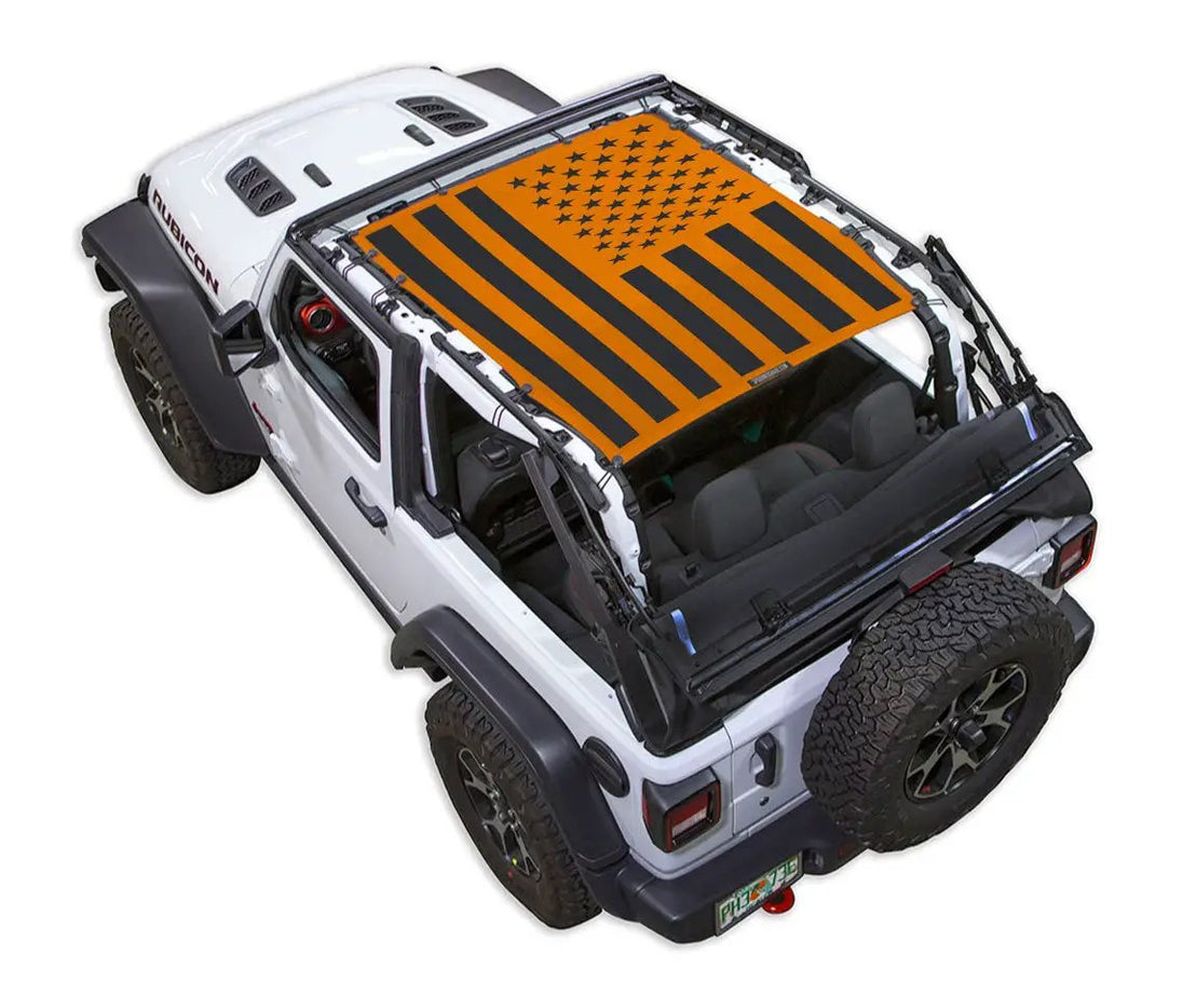 Sun shade for Jeep Wrangler JL 2-Door, orange/black American flag print by SpiderWebShade