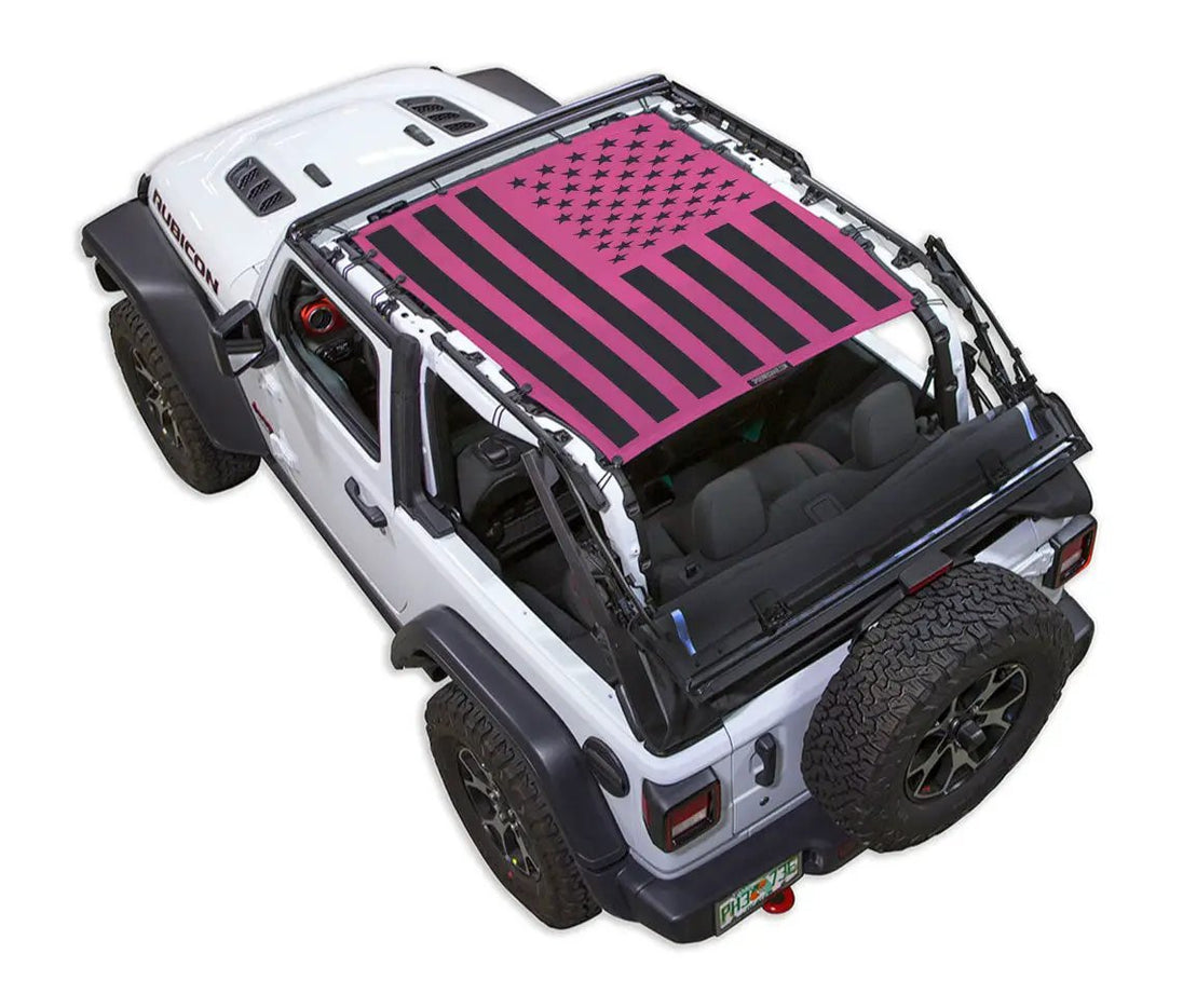 Sun shade for Jeep Wrangler JL 2-Door with magenta and black American flag pattern.