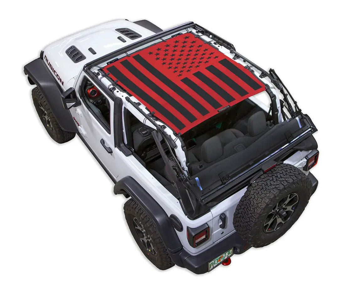 SPIDERWEBSHADE sun shade for Jeep Wrangler JL 2-Door (2018–2026), US flag printed top in red and black