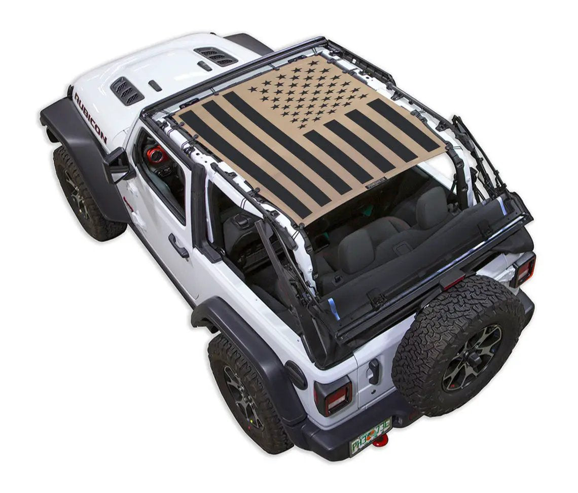 SPIDERWEBSHADE Sun Shade for Jeep Wrangler JL 2-Door, tan/black American flag print