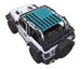 Sun shade for Jeep Wrangler JL 2-Door by SpiderWebShade; teal blue USA flag print across windshield top.