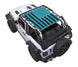 Sun shade for Jeep Wrangler JL 2-Door by SpiderWebShade; teal blue USA flag print across windshield top.