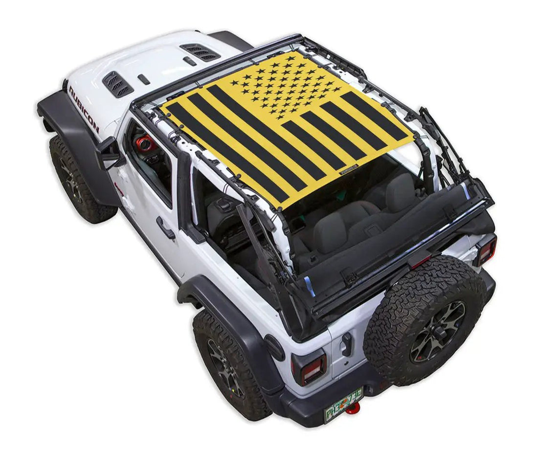 Sun shade SPIDERWEBSHADE for Jeep Wrangler JL 2-Door, yellow and black American flag print top