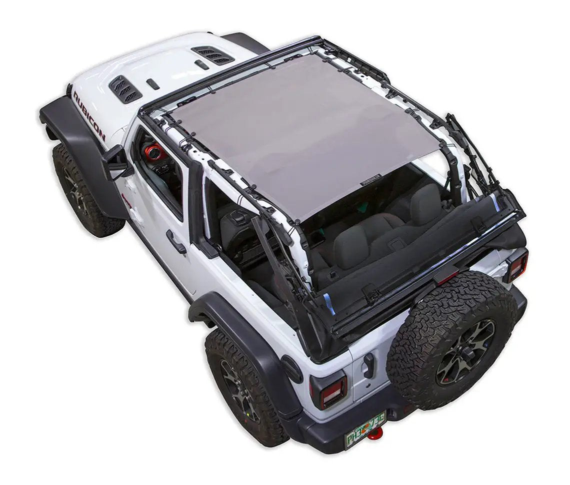 Sun shade for Jeep Wrangler JL 2-Door by SpiderWebShade; gray solid color top for 2018–2026.