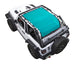 Sun shade for Jeep Wrangler JL 2-Door by SpiderWebShade; turquoise solid-color shade top.