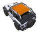 SpiderWebShade Sun Shade for Jeep Wrangler JL 2-Door, orange solid color shade top on white Jeep.