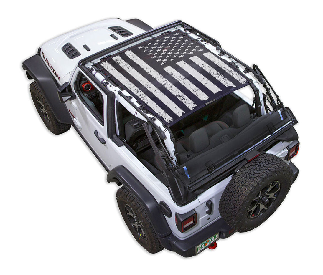 Sun Shade for Jeep Wrangler JL 2-Door by SpiderWebShade with distressed US flag print.