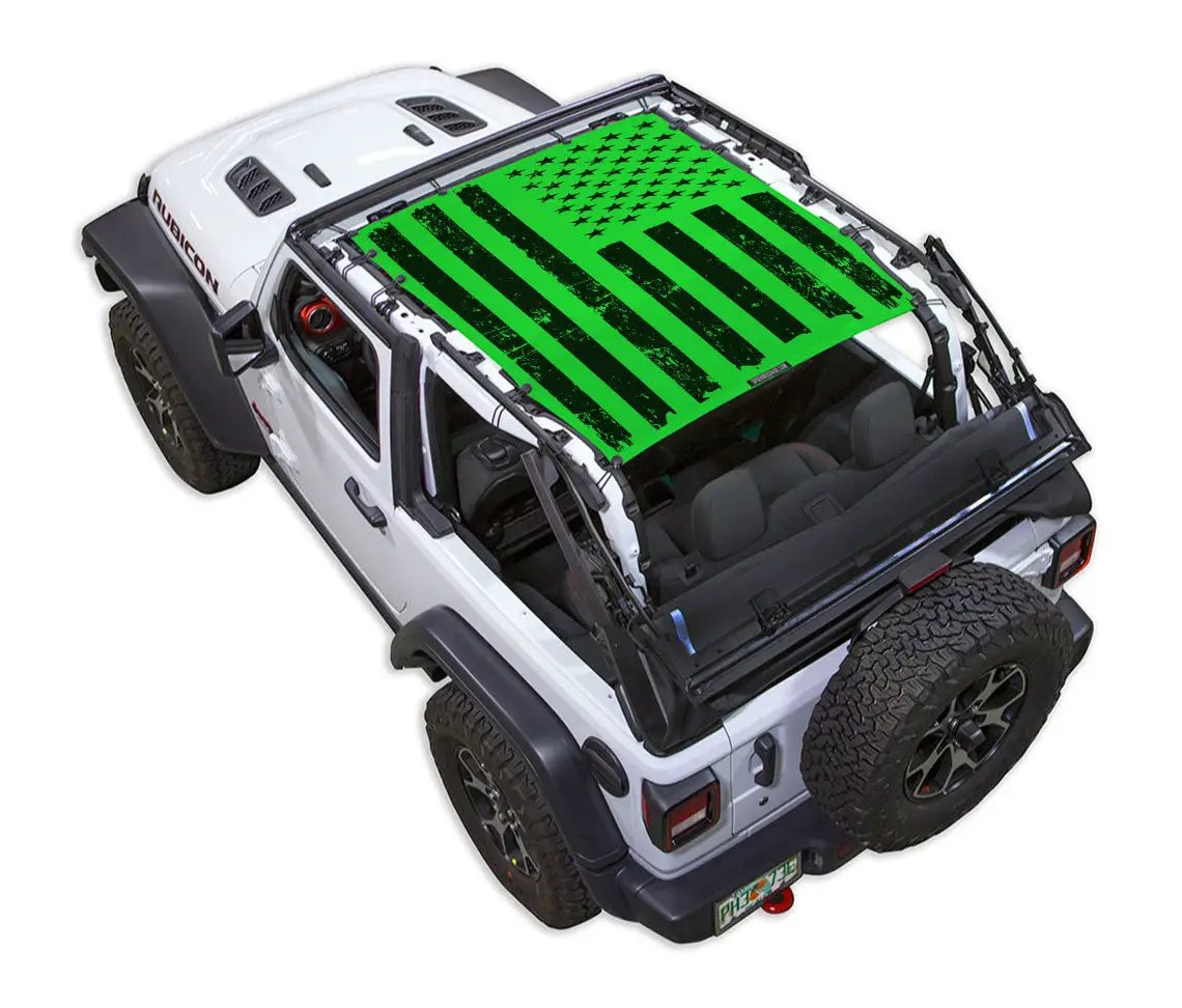 Sun Shade for Jeep Wrangler JL 2-Door by SpiderWebShade, stock printed shade top with green and black flag pattern