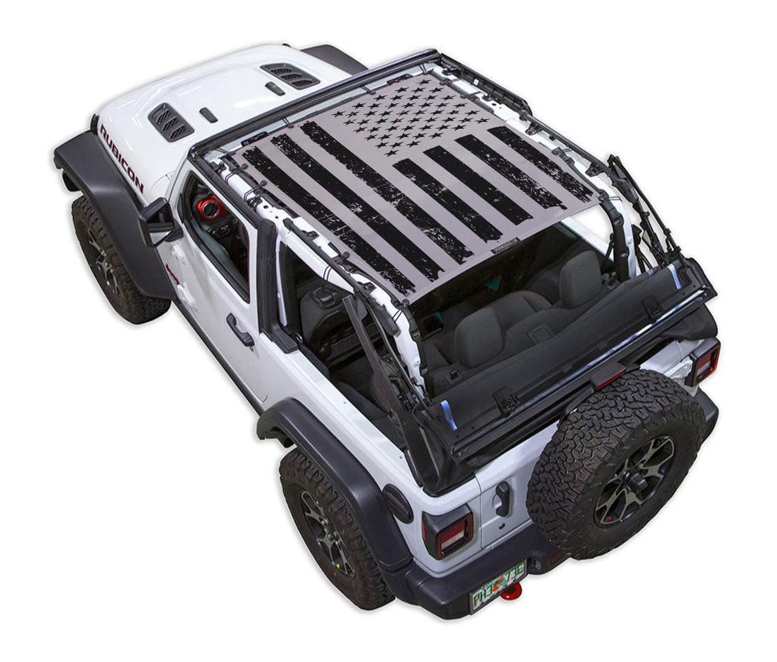 Sun shade for Jeep Wrangler JL 2-Door by SPIDERWEBSHADE with printed US flag design top