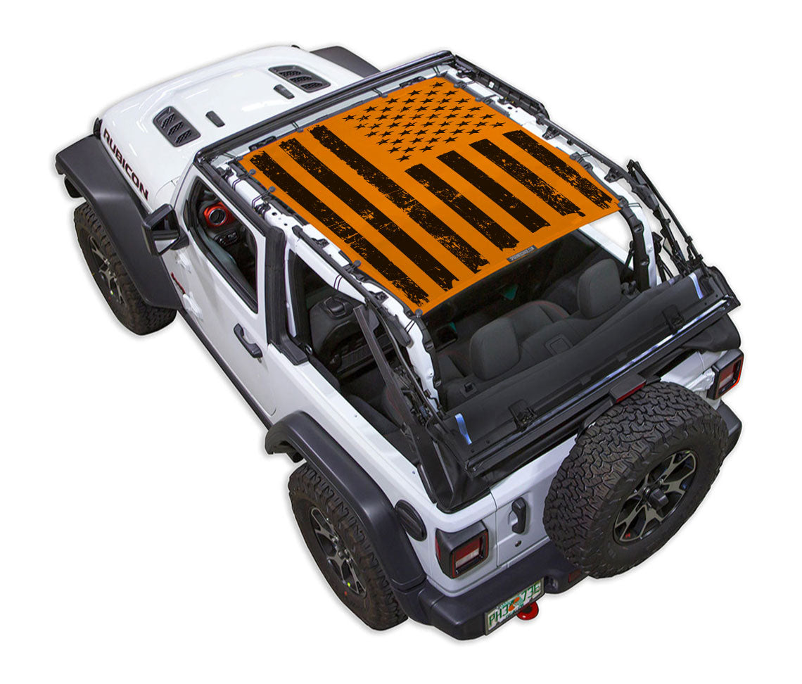 Sun shade for Jeep Wrangler JL 2-Door Stock Printed Shade Top by SpiderWebShade, orange distressed-flag pattern