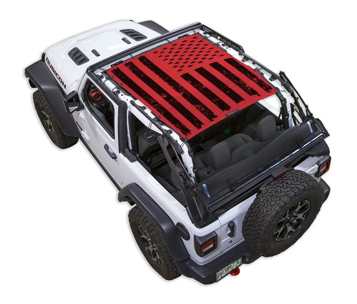 Sun shade for Jeep Wrangler JL 2-Door by SpiderWebShade, red/black printed flag design